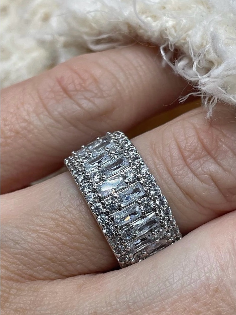 Silver-Tone Baguette CZ-Look Wide Band Statement Ring
